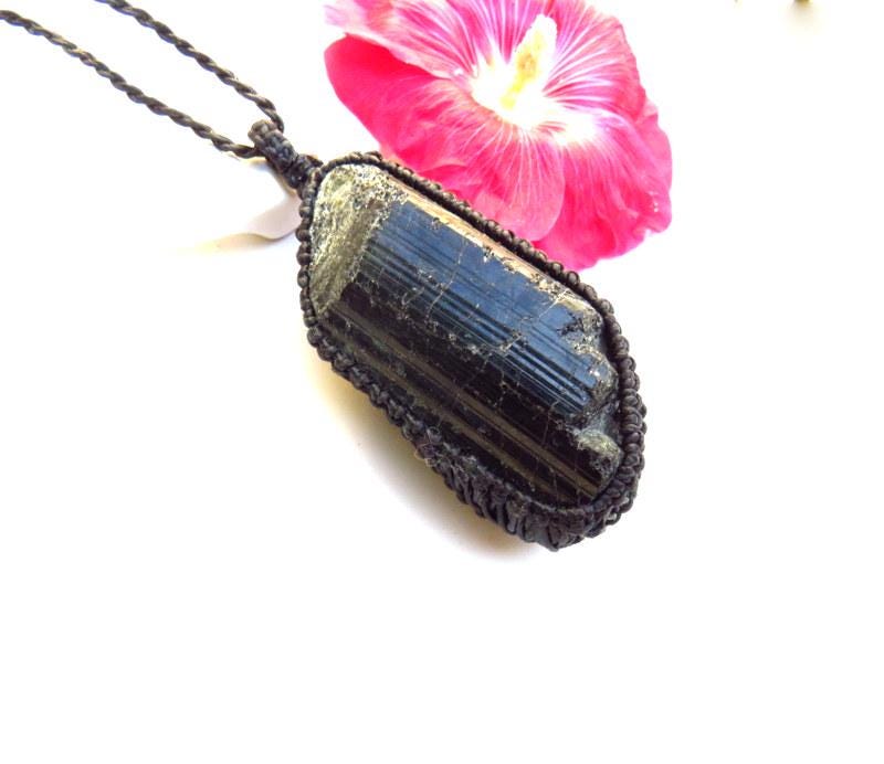 Black Tourmaline crystal necklace, macrame necklace