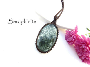 Seraphinite macrame necklace, gemstone necklace, angel necklace, meaningful jewelry, green gemstone pendant, gift ideas for the yogi