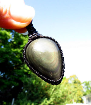 Rainbow Obsidian macrame necklace, obsidian jewelry, black obsidian gemstone, gift ideas for the crystal lover, for the zen seeker,