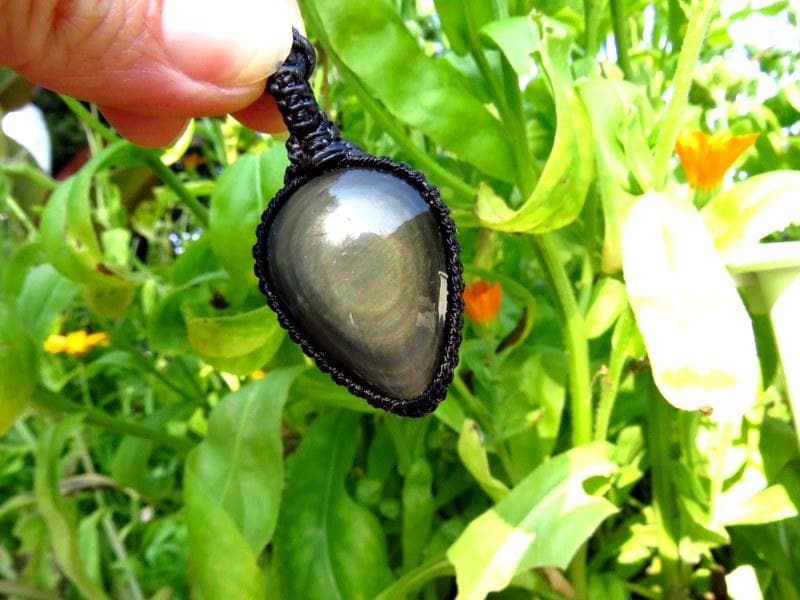 Rainbow Obsidian macrame necklace, obsidian jewelry, black obsidian gemstone, gift ideas for the crystal lover, for the zen seeker,