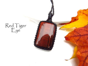 Red Tiger Eye gemstone necklace, macrame necklace, gift ideas for him, for her, christmas gift jewelry, chakra necklace, tiger iron jewelry