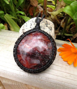 Earthy Bohemian Red Hematoid Quartz necklace, handmade red quartz pendant necklace, natural stone macrame necklace, spiritual red quartz