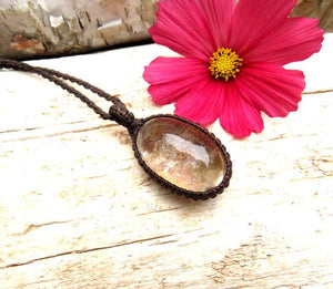 Lodolite Quartz macrame necklace, macrame jewelry, garden quartz necklace, shamanic dream quartz, quartz necklace, earthauracreations