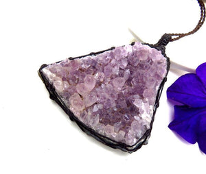 Christmas gift ideas for her, Amethyst crystal necklace, macrame necklace, statement necklace, amethyst druzy, for the crystal collector