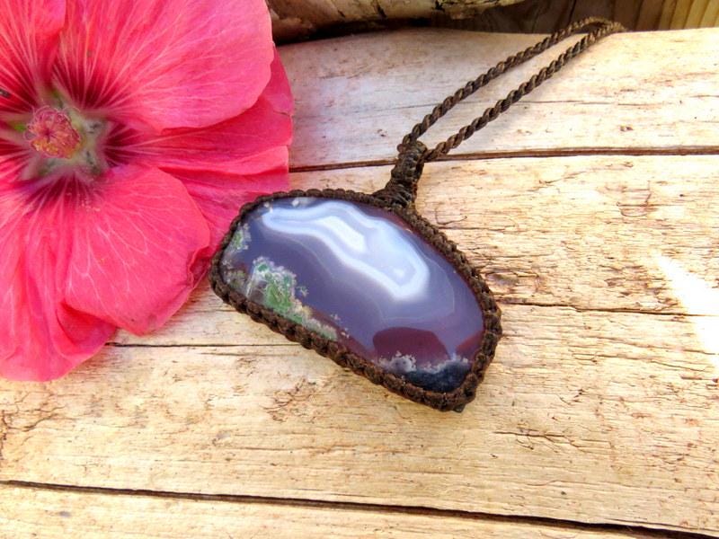 Purple Plume Agate gemstone necklace, macrame necklace