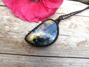 Labradorite gemstone necklace, christmas gift ideas, unique gift ideas, blue labradorite jewelry, macrame pendant, statement necklace