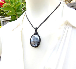 Dainty Merlinite Shaman gemstone necklace, macrame necklace, dendrite opal, statement necklace, christmas gift ideas, dendritic agate