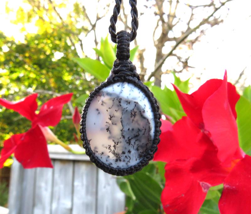 Dainty Merlinite Shaman gemstone necklace, macrame necklace, dendrite opal, statement necklace, christmas gift ideas, dendritic agate