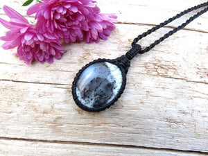 Dainty Merlinite Shaman gemstone necklace, macrame necklace, dendrite opal, statement necklace, christmas gift ideas, dendritic agate