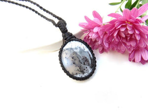 Dainty Merlinite Shaman gemstone necklace, macrame necklace, dendrite opal, statement necklace, christmas gift ideas, dendritic agate