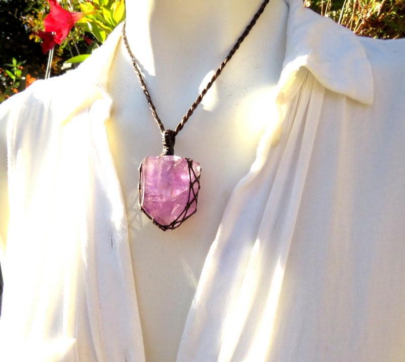 Amethyst crystal point necklace, macrame necklace