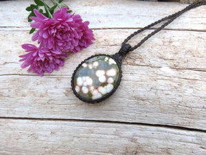 Ocean Jasper gemstone necklace, jasper macrame necklace, cool gemstone jewelry, gift ideas for the surfer, for the beach lover