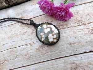 Ocean Jasper gemstone necklace, jasper macrame necklace, cool gemstone jewelry, gift ideas for the surfer, for the beach lover