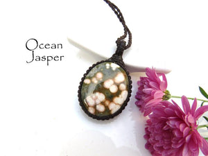 Ocean Jasper gemstone necklace, jasper macrame necklace, cool gemstone jewelry, gift ideas for the surfer, for the beach lover