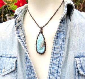 Top Quality Larimar macrame necklace, Larimar necklace, Larimar pendant, Summer accessories, Summer boho jewelry, Summer fashion