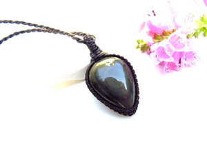 Rainbow Obsidian macrame necklace, obsidian jewelry, black obsidian gemstone, gift ideas for the crystal lover, for the zen seeker,