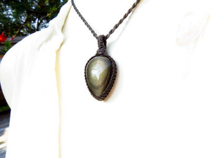 Rainbow Obsidian macrame necklace, obsidian jewelry, black obsidian gemstone, gift ideas for the crystal lover, for the zen seeker,