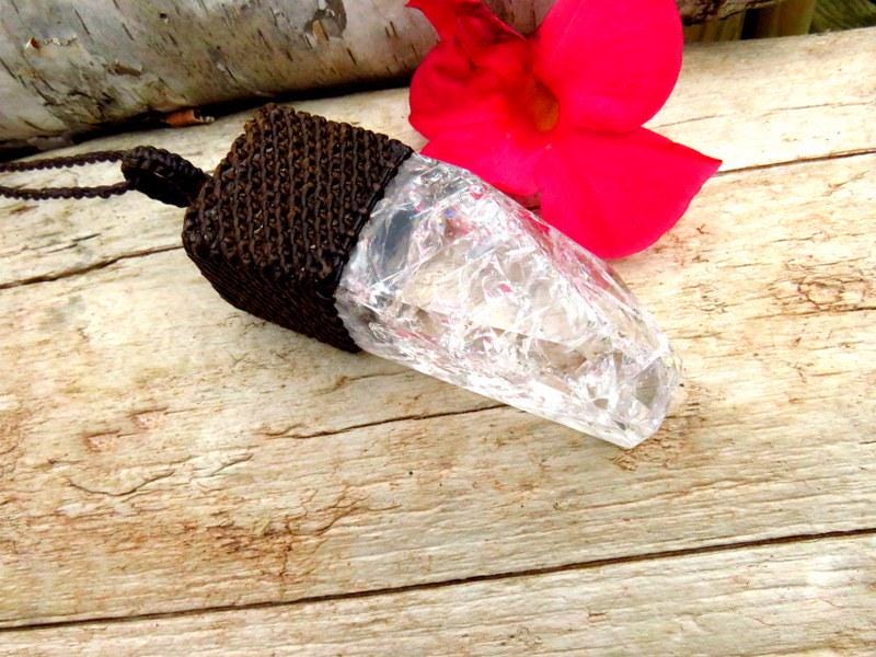 Large freeform Fire and Ice Quartz necklace, macrame necklace, Quartz Crystal necklace, Spiritual necklace, statement necklace