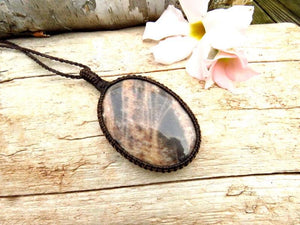 Peach and Black Moonstone with Sunstone necklace, Sunstone macrame necklace