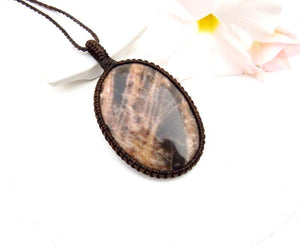 Peach and Black Moonstone with Sunstone necklace, Sunstone macrame necklace