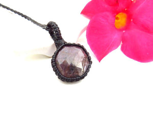 Facted Ruby macrame necklace, chatoyant Ruby gemstone, gift ideas for Leo, zodiac Cancer gifts, july gift ideas, july birthstone jewelry