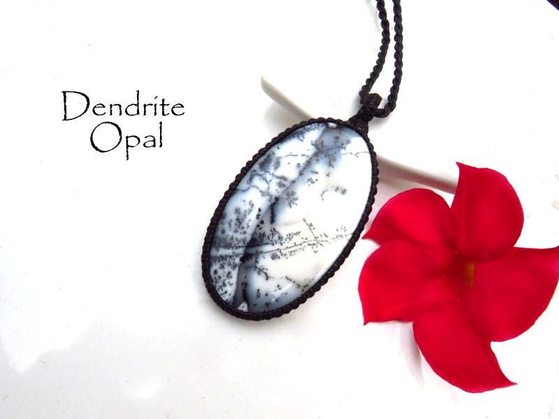 Dendrite Opal gemstone necklace, moss opal, teardrop gemstone, macrame necklace, macrame jewelry, black and white, christmas gift ideas