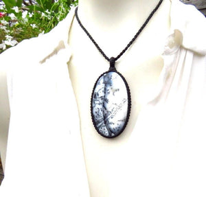 Dendrite Opal gemstone necklace, moss opal, teardrop gemstone, macrame necklace, macrame jewelry, black and white, christmas gift ideas