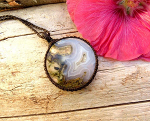 Plume Agate macrame necklace, gemstone jewelry, moss agate pendant, macrame jewelry, earth aura creations, gemstone necklace