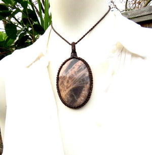 Peach and Black Moonstone with Sunstone necklace, Sunstone macrame necklace