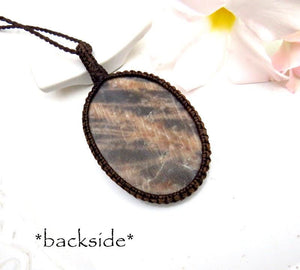 Peach and Black Moonstone with Sunstone necklace, Sunstone macrame necklace