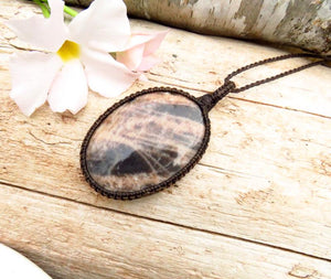 Peach and Black Moonstone with Sunstone necklace, Sunstone macrame necklace