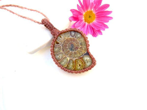 Christmas gift ideas, Ammonite macrame necklace, ammonite necklace, ammonite pendant, fossil necklace, macrame jewelry, gemstone