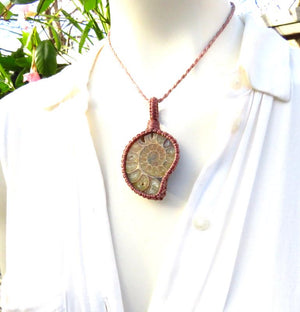 Christmas gift ideas, Ammonite macrame necklace, ammonite necklace, ammonite pendant, fossil necklace, macrame jewelry, gemstone