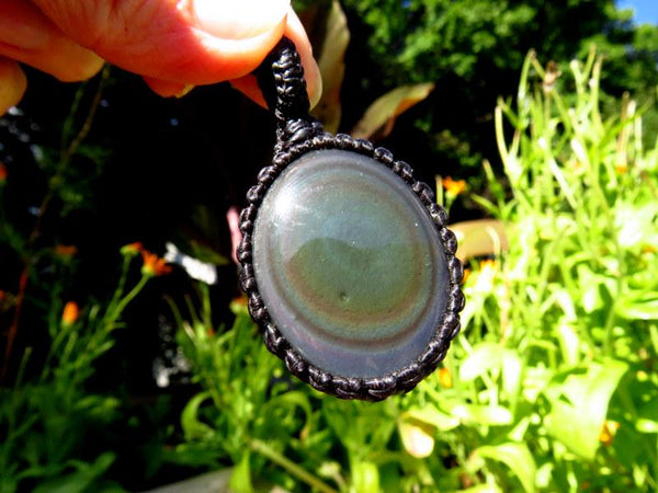Rainbow Obsidian macrame necklace, obsidian jewelry Rainbow