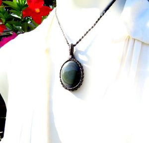 Rainbow Obsidian macrame necklace, obsidian jewelry, black obsidian gemstone, gift ideas for the crystal lover, for the zen seeker,