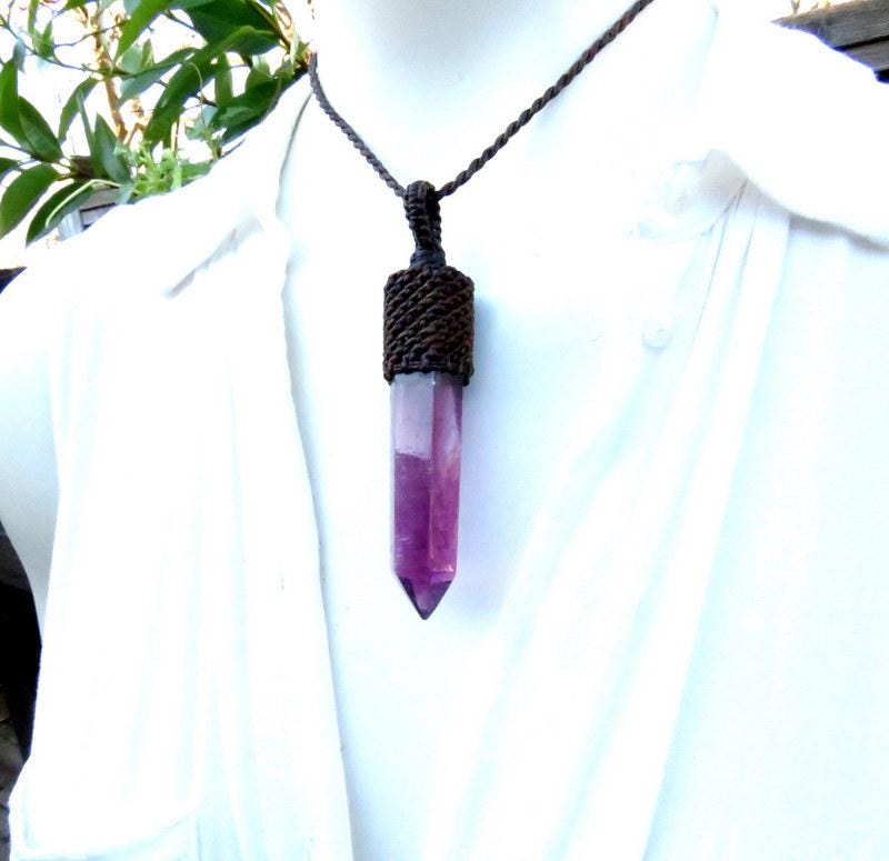 Purple Fluorite Macrame Necklace: Crystal Point Pendant