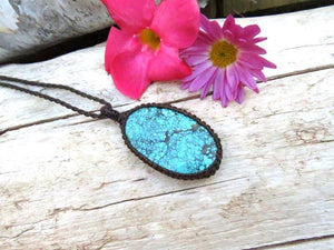 Cloud Mountain Turquoise macrame necklace, Hubei Turquoise jewelry, turquoise statement neckace, gift ideas for the boho beauty, for her