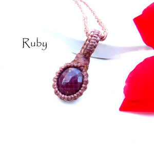 Faceted Ruby macrame necklace, chatoyant Ruby gemstone, gift ideas for Leo, zodiac Cancer gifts, july gift ideas, july birthstone jewelry