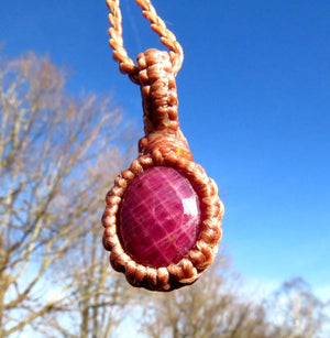 Faceted Ruby macrame necklace, chatoyant Ruby gemstone, gift ideas for Leo, zodiac Cancer gifts, july gift ideas, july birthstone jewelry