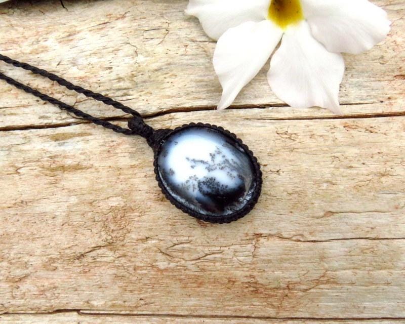 Valentines day gift, for her, Dendrite Opal gemstone necklace, moss opal, macrame necklace, macrame jewelry, black and white, for mom