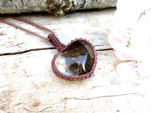 Dendritic Quartz crystal macrame necklace, heart necklace, dendrite quartz, gift ideas for the crystal collector, heart gemstones