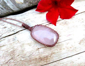 Rose Quartz gemstone necklace, macrame necklace, valentines day gift ideas, for her, crystal collector, the romantic, love gifts, self gifts