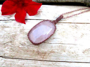 Rose Quartz gemstone necklace, macrame necklace, valentines day gift ideas, for her, crystal collector, the romantic, love gifts, self gifts