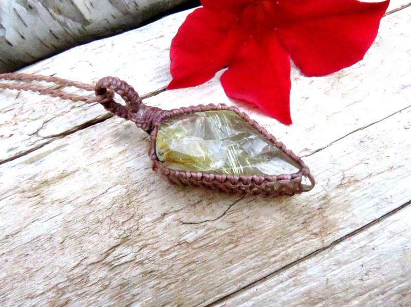 Golden Rutile Quartz maccrame necklace, gift ideas for the crystal collector