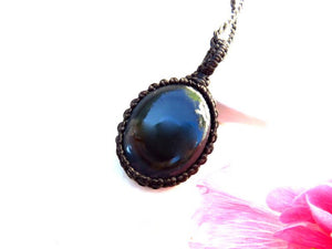 Rainbow Obsidian macrame necklace, obsidian jewelry, black obsidian gemstone, gift ideas for the crystal lover, for the zen seeker,