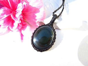 Rainbow Obsidian macrame necklace, obsidian jewelry, black obsidian gemstone, gift ideas for the crystal lover, for the zen seeker,