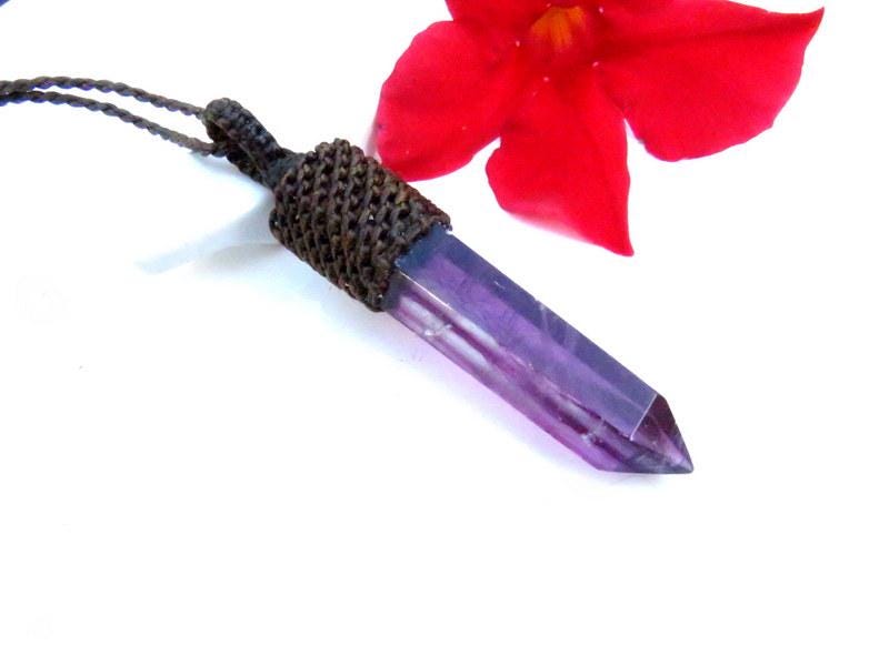 Purple Fluorite Macrame Necklace: Crystal Point Pendant