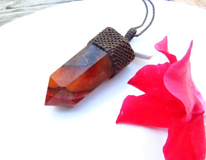 Carnelian crystal point macrame necklace, carnelian pendant