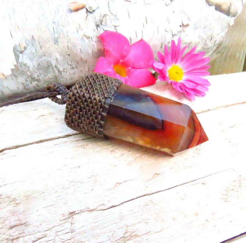 Carnelian crystal point macrame necklace, carnelian pendant