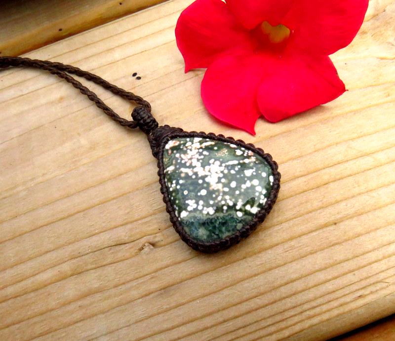 Macrame Ocean Jasper Necklace: Green, White & Pink Gemstone Pendant